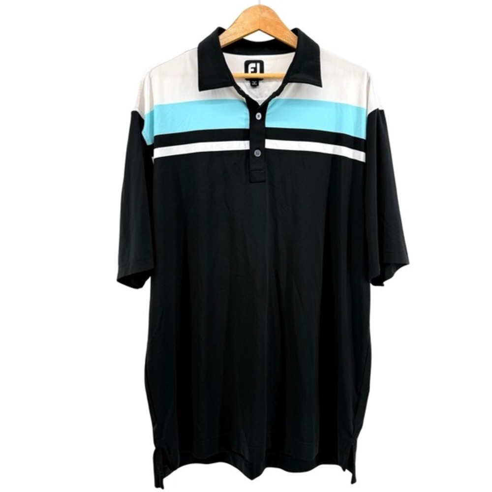 FootJoy Golf Polo Mens XL Pre-Owned Shirt Black White Aqua Striped‎ Colorblock